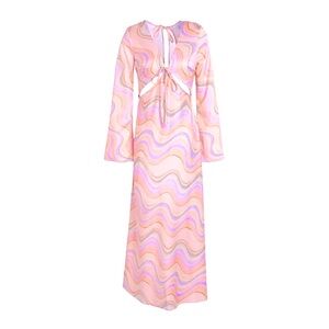 NEW Topshop Apricot Cutout Bell Sleeve Multicolor Wavy Print Satin Maxi Dress